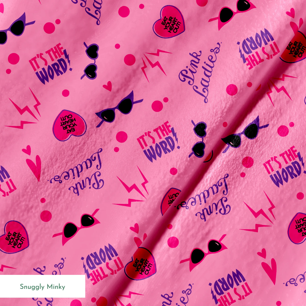 Paramount Grease  Retro Pink Ladies Icons on Pink Fabric
