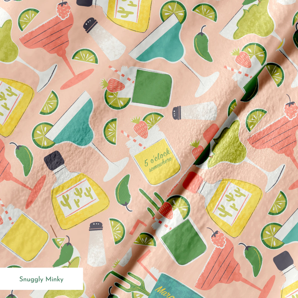 Colorful Margaritaville cocktail pattern with margaritas, tequila bottles, lime slices, and salt shakers on pink background