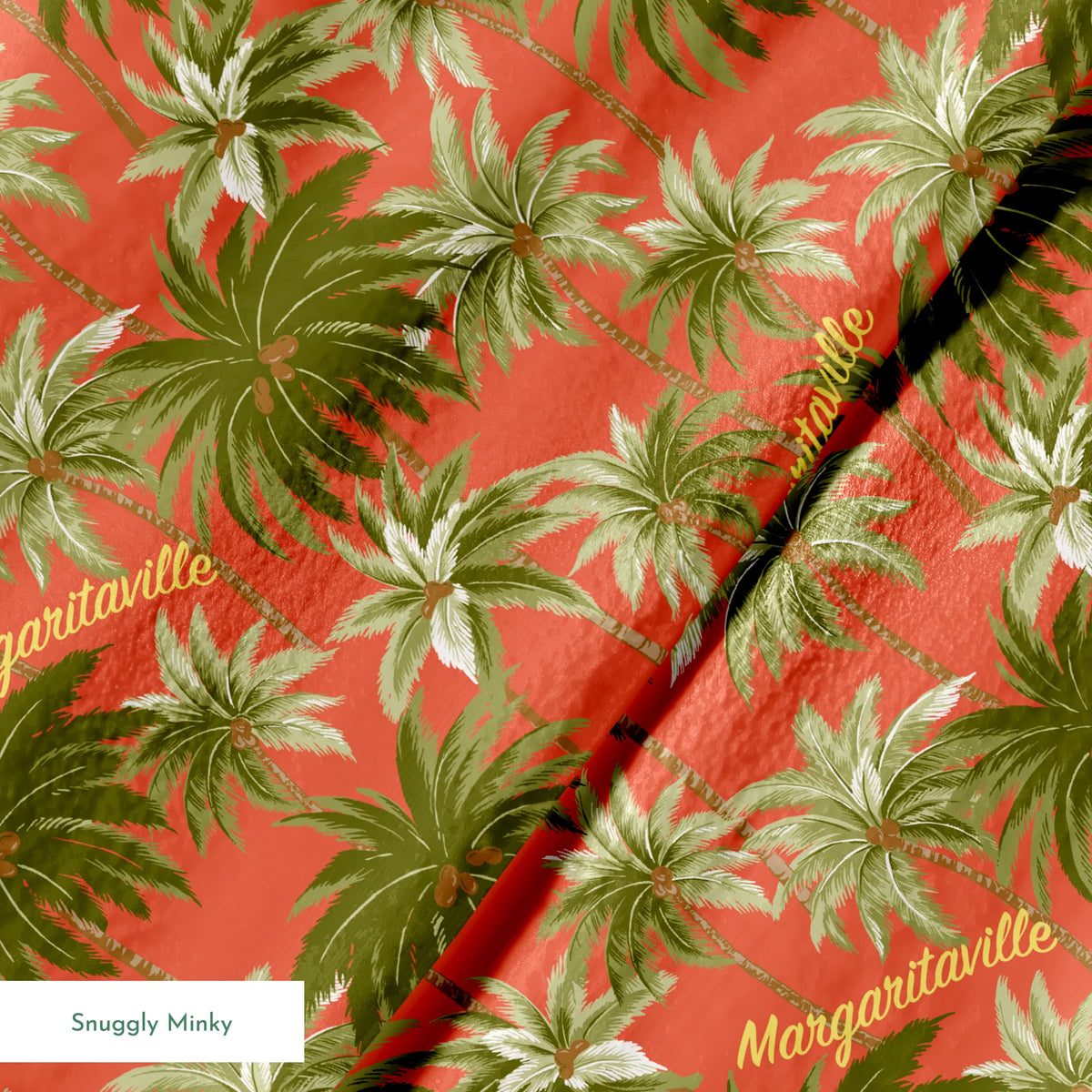 Tropical palm tree pattern on coral background with "Margaritaville" text in gold lettering