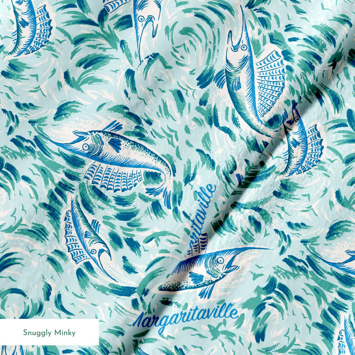 Abstract Margaritaville marbled pattern in teal, blue and white with swirling floral motifs and delicate wave-like designs