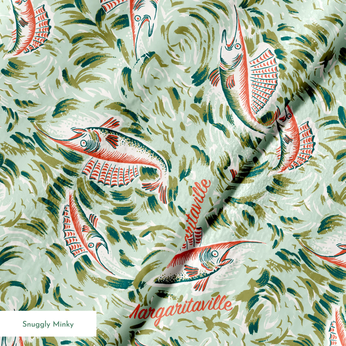 Ornate abstract tropical fish pattern with swirling leaves in vintage Florida style
