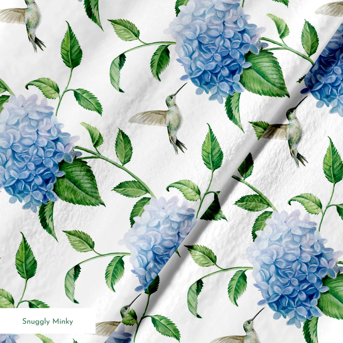 Danielle Murray Hydrangeas and Hummingbirds on White Fabric