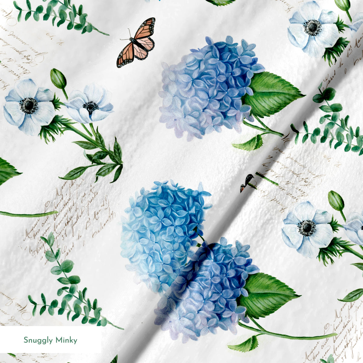 Danielle Murray Blue Florals and Butterflies on White Fabric