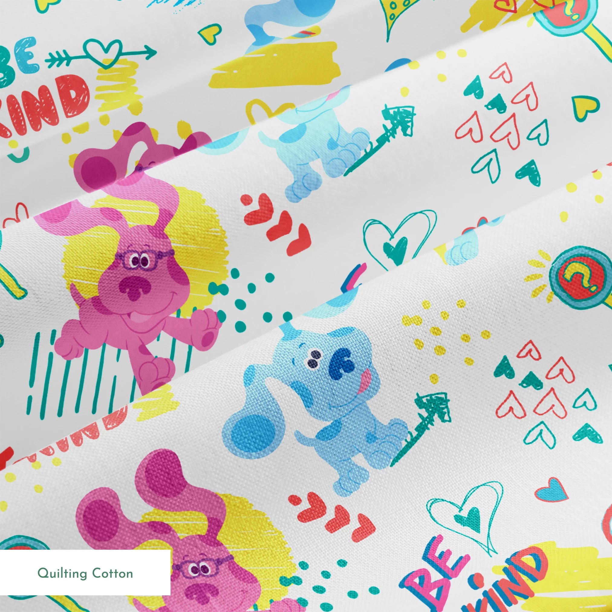 Colorful cartoon pattern with blue koalas and purple mice, hearts, and "BE KIND" text on white background springs quiltingcotton texture