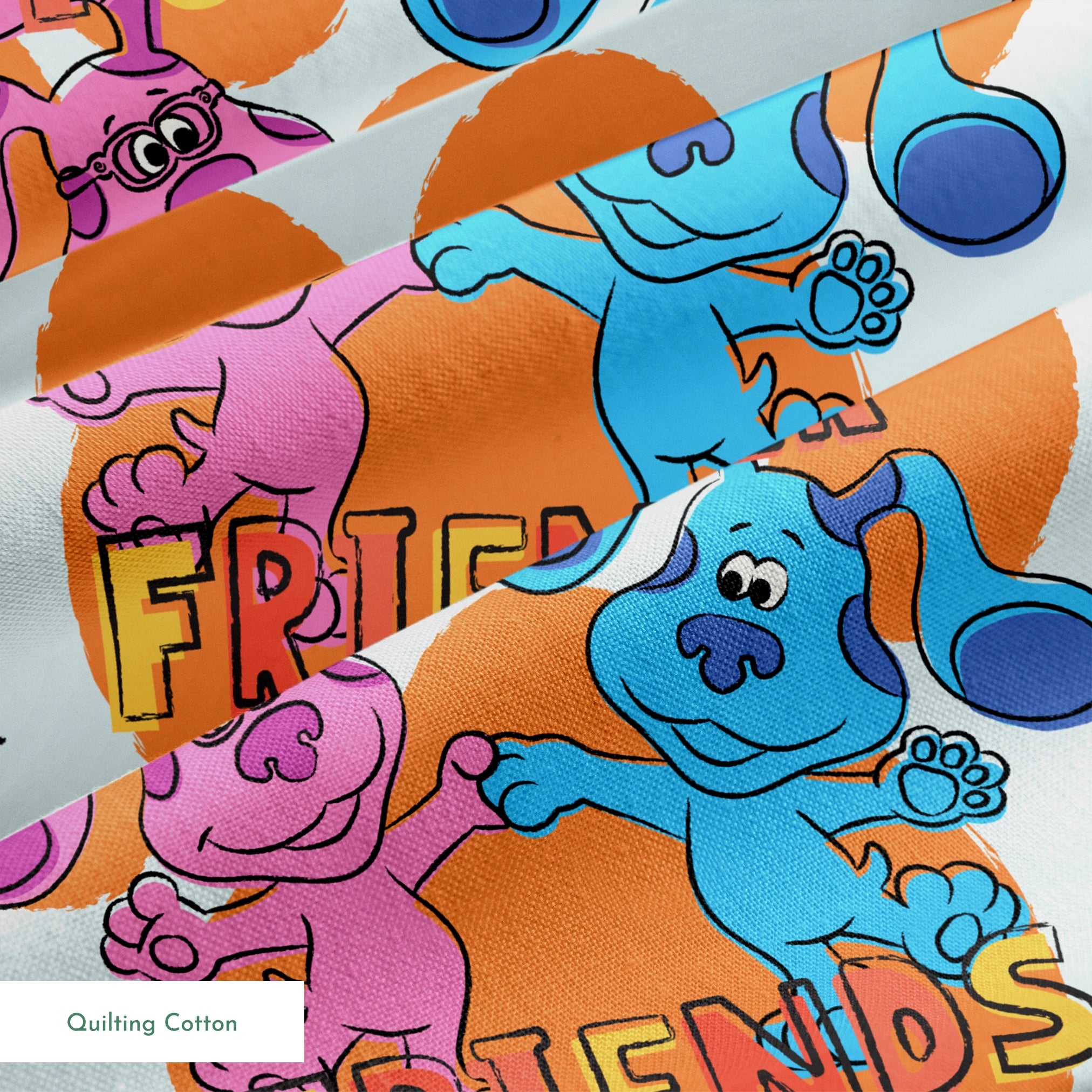 Colorful cartoon pattern with blue and pink characters, "FOREVER FRIENDS" text, and small playful icons on a light background springs quiltingcotton texture