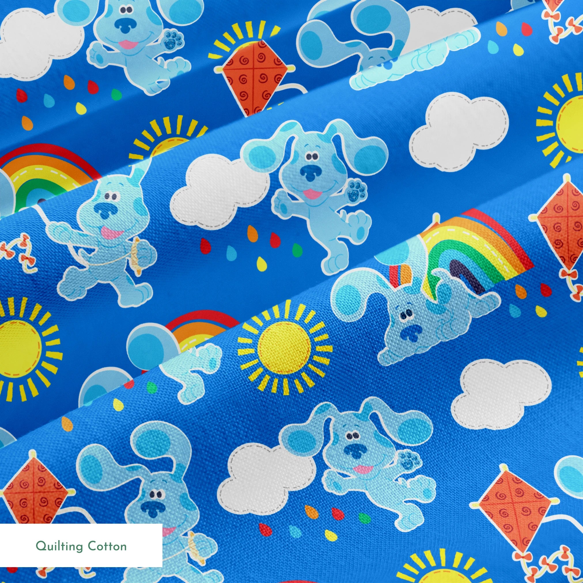 Blue's Clues pattern with cartoon blue dogs, rainbows, suns, clouds, and kites on bright blue background, license, Blues Clues, Entertainment License, Nickolodeon springs quiltingcotton texture