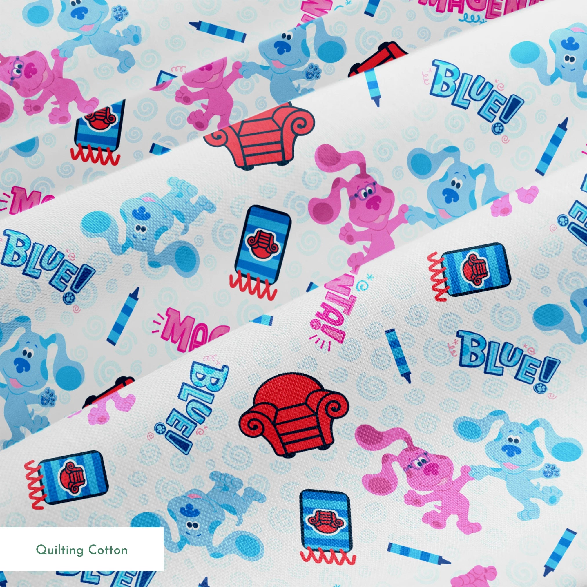 Nickelodeon, Colorful Blue's Clues pattern with blue and pink puppies, red chairs, notebooks, and crayons on a light blue background springs quiltingcotton texture