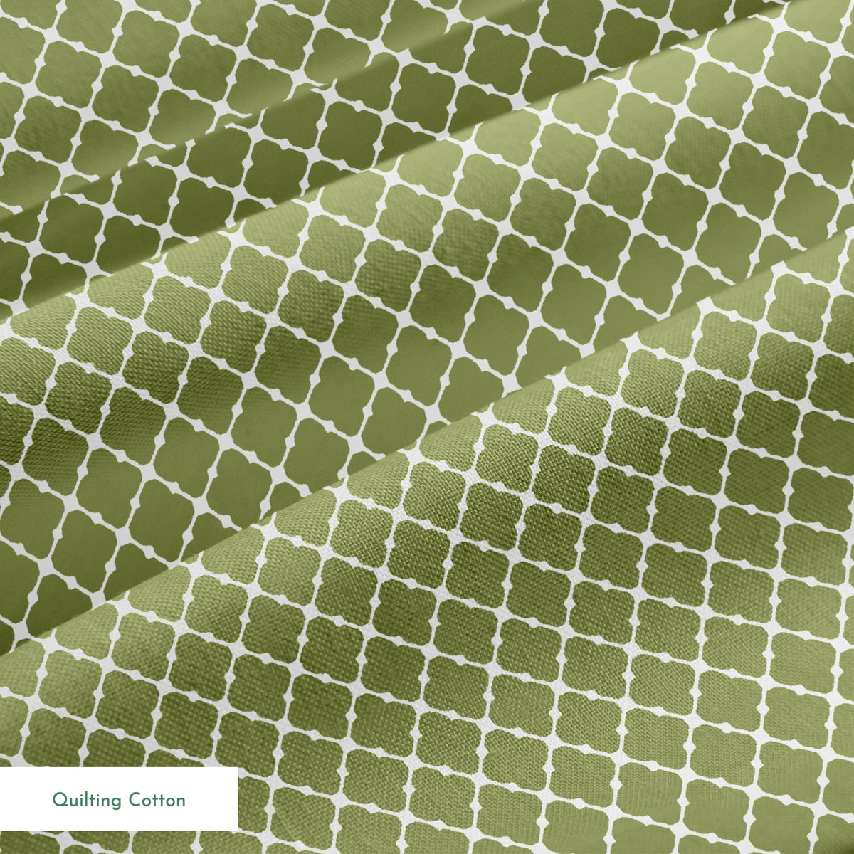 Sage green quatrefoil pattern with white lattice lines forming a Moroccan-style geometric design springs quiltingcotton texture