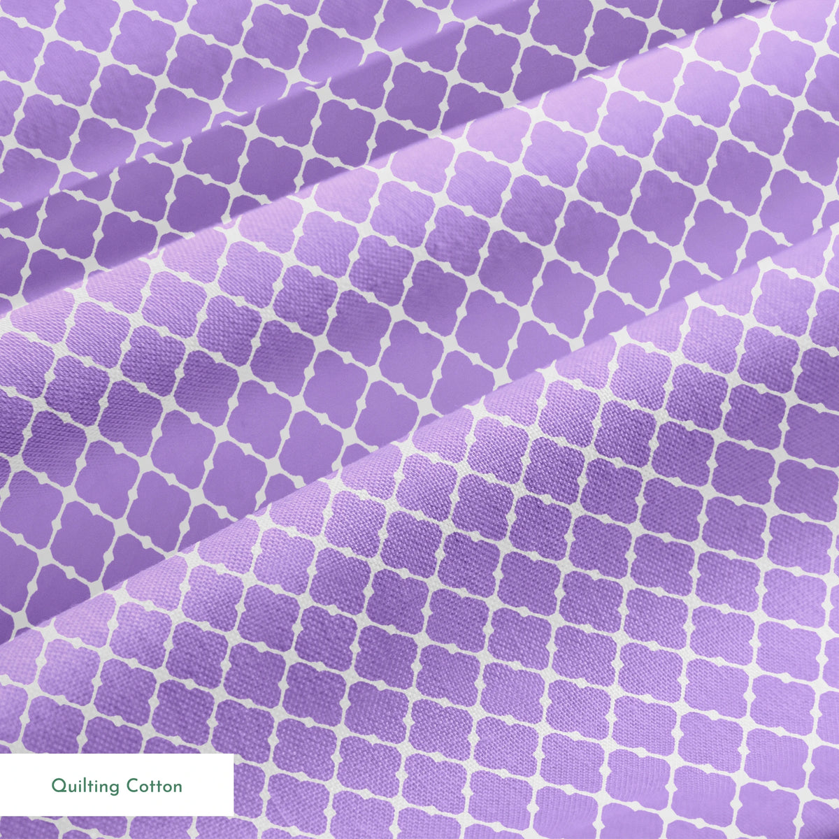 Purple quatrefoil pattern with white lattice grid on lavender background springs quiltingcotton texture