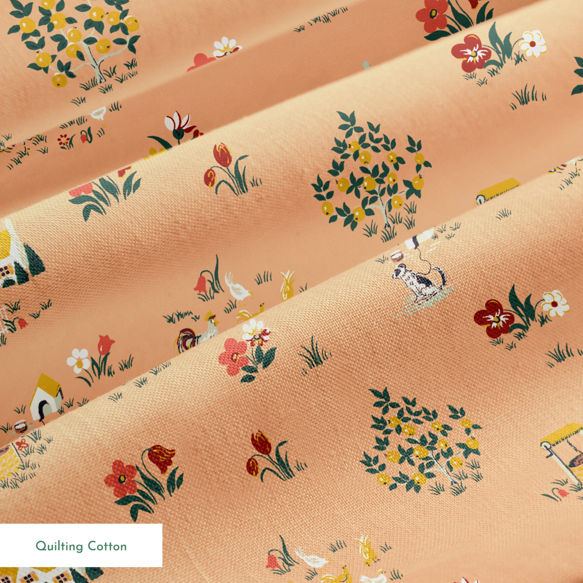 Vintage cottage scene design with houses, flowers, and animals on a peach background from the Springs Archive springs quiltingcotton texture