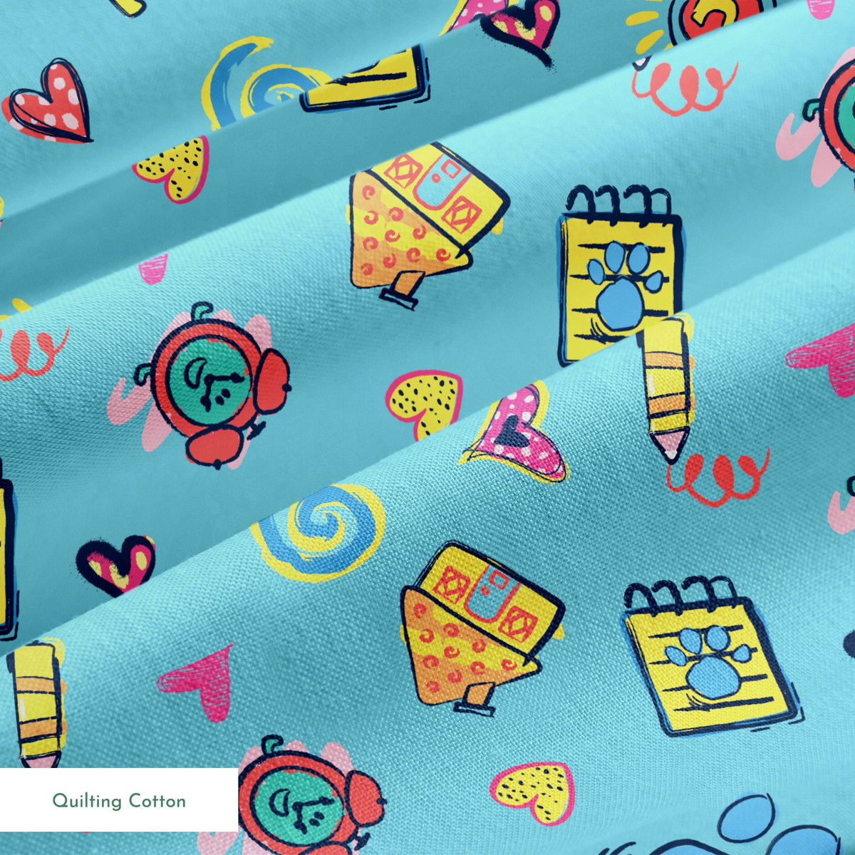Blue’s Clues doodle-style pattern featuring paw prints, a crayon, spiral notebook, hearts, and magnifying glass on a light blue background. springs quiltingcotton texture