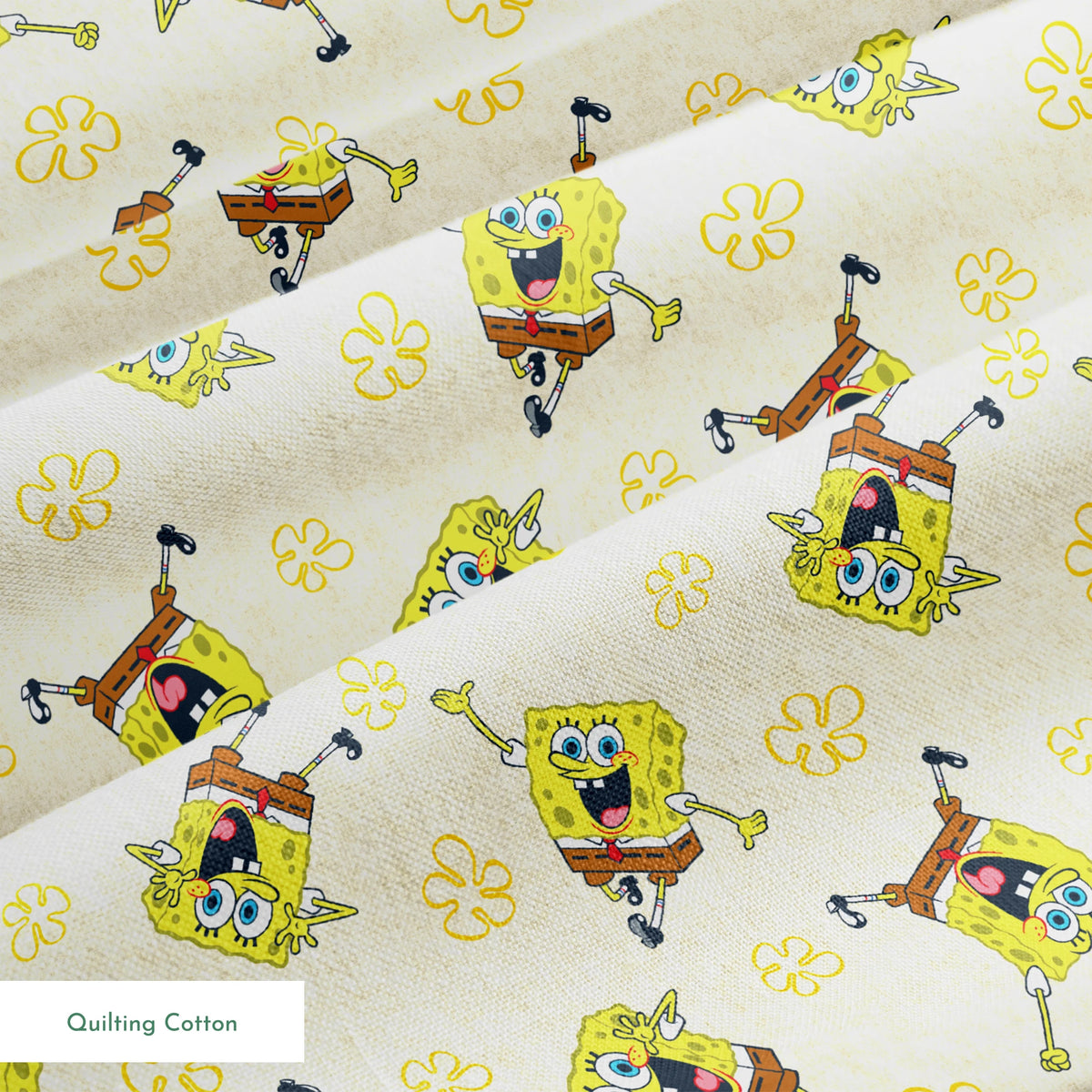 Repeating pattern of SpongeBob SquarePants characters on light yellow background with yellow flowers springs quiltingcotton texture