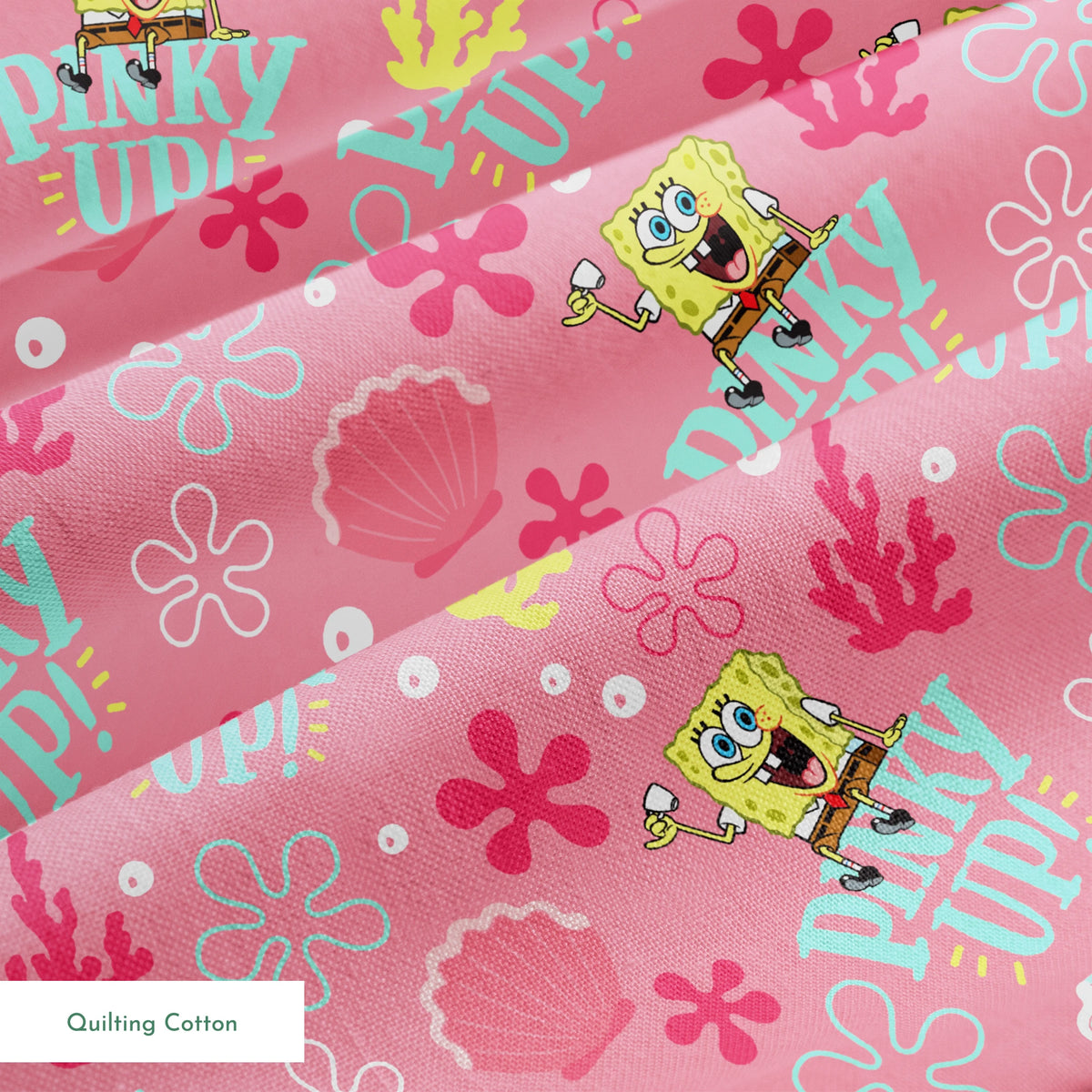 SpongeBob holding a teacup with “Pinky Up!” text, surrounded by sea shells, coral, and flower shapes on a pink background. springs quiltingcotton texture