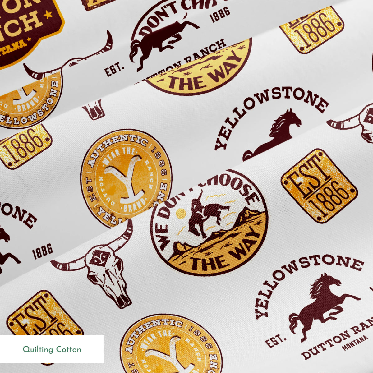 Western patch-style design featuring Dutton Ranch and Yellowstone badges in rustic tones. Great for quilting, crafts, and cowboy-inspired decor. springs quiltingcotton texture