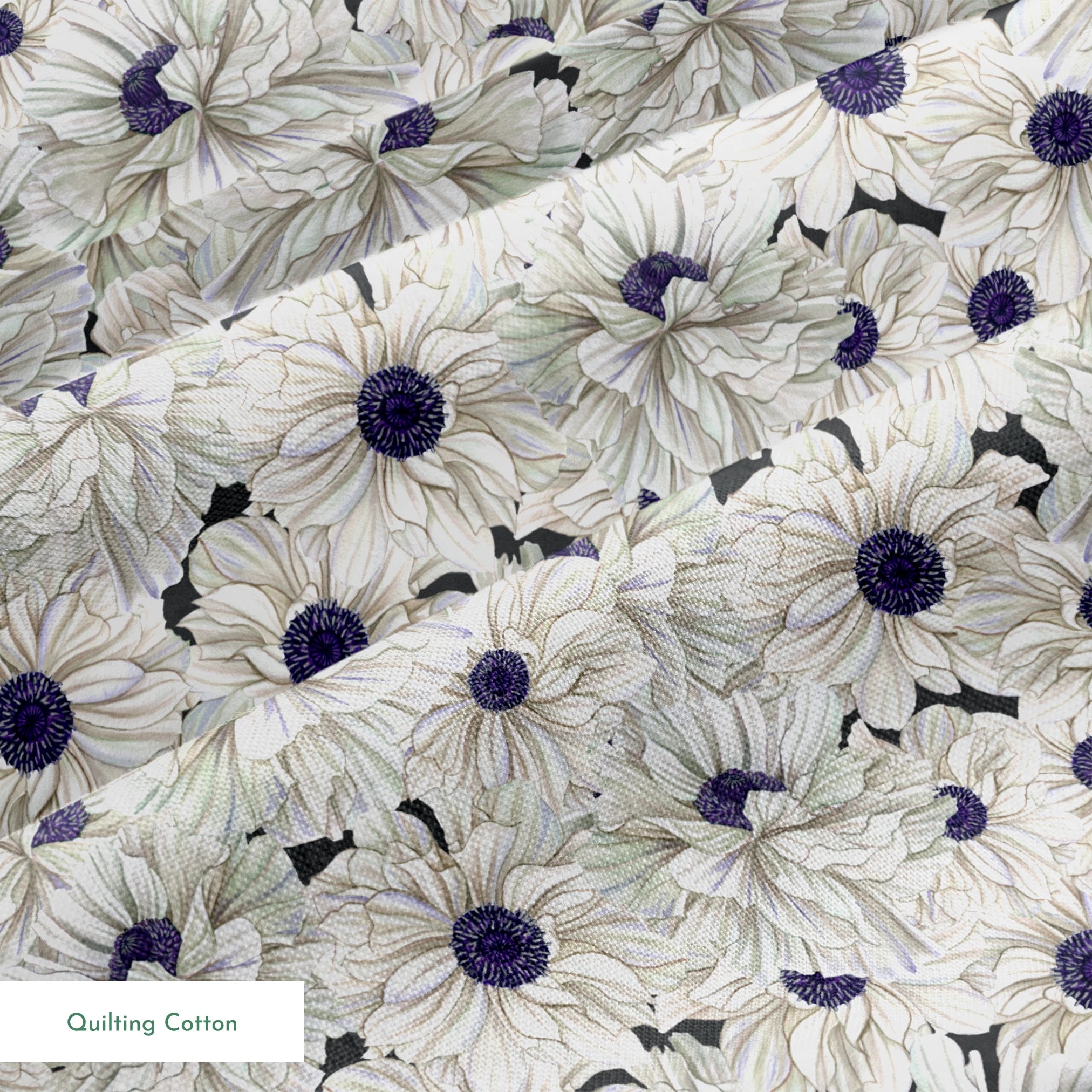 Ivory and indigo packed floral pattern with detailed petal textures and clustered blooms. springs quiltingcotton texture