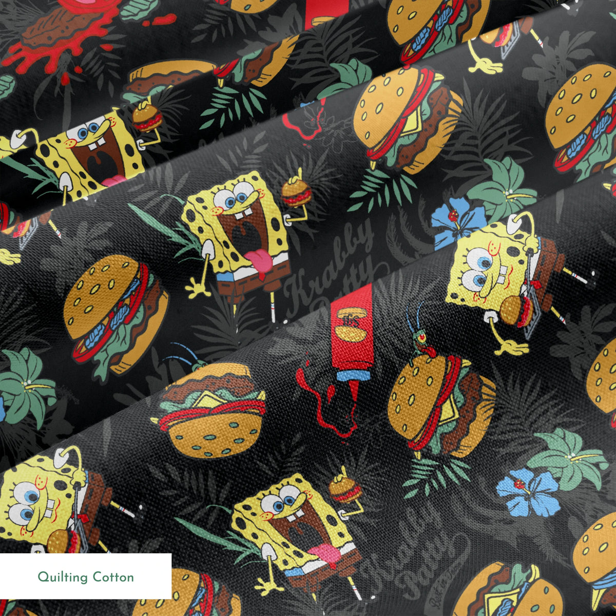 SpongeBob, Plankton, and Krabby Patties with tropical leaves and flowers on a black background in a bold character-themed design. springs quiltingcotton texture