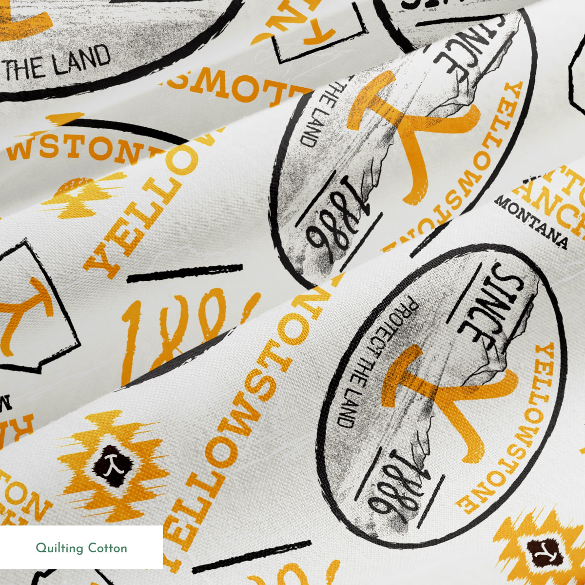 Yellowstone-themed design with black and gold badge graphics, “Protect the Land” text, and Dutton Ranch icons on a cream background. springs quiltingcotton texture