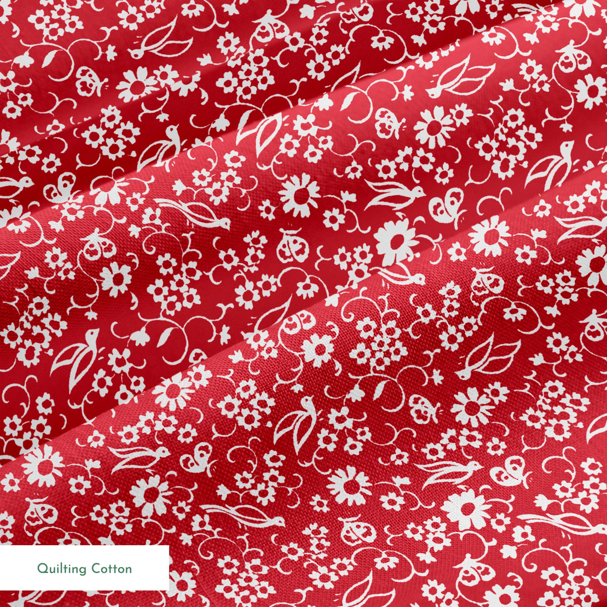 White floral and bird silhouette pattern on a bright red background. springs quiltingcotton texture