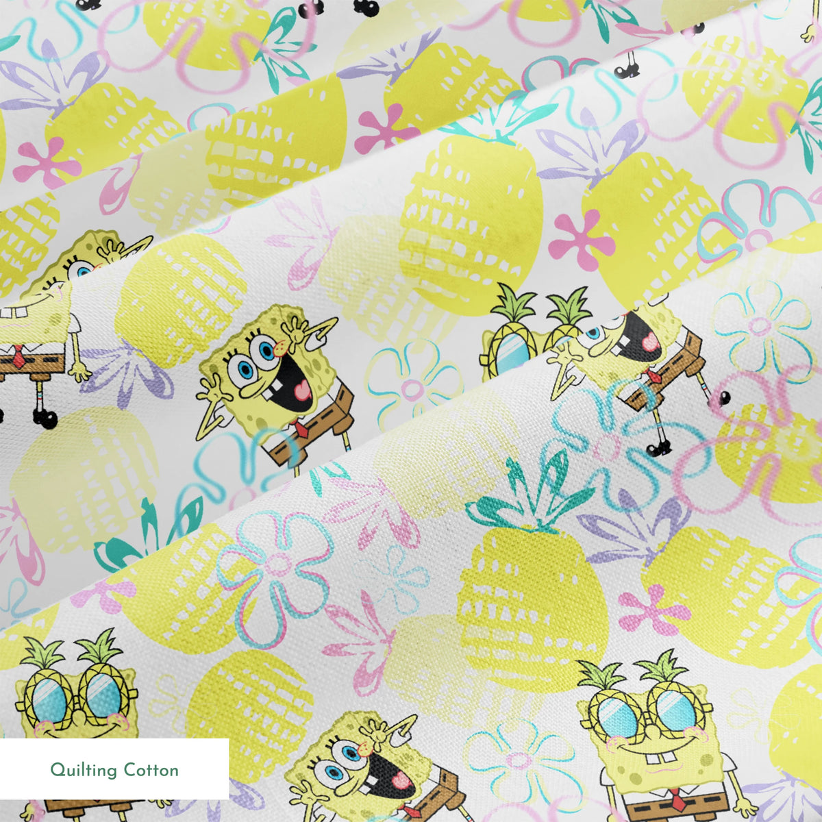 SpongeBob wearing pineapple glasses surrounded by yellow pineapples and pastel floral sketches on a white background in a playful Nickelodeon design. springs quiltingcotton texture
