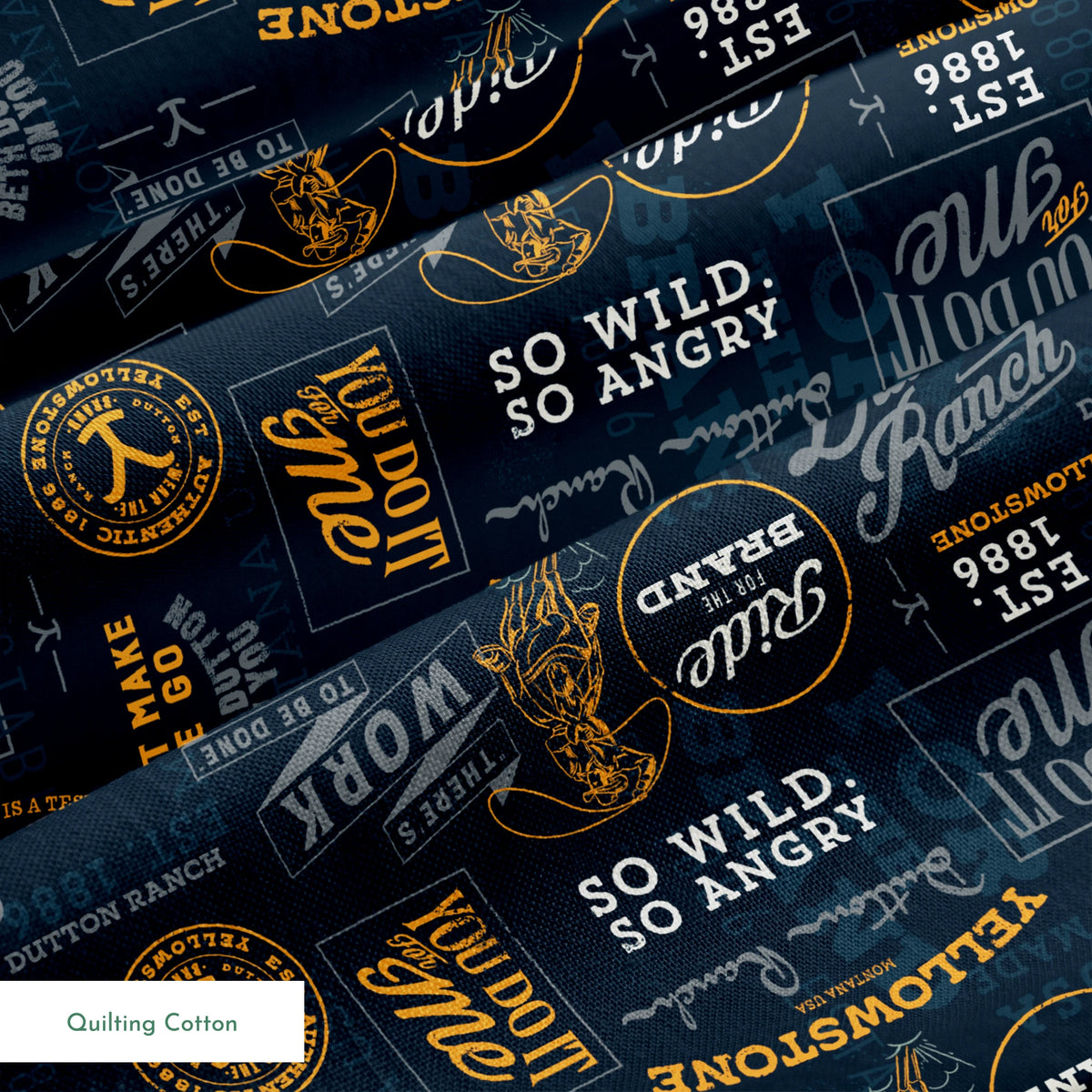 Yellowstone patch design with distressed western typography and quotes in gold and ivory on a black background. springs quiltingcotton texture