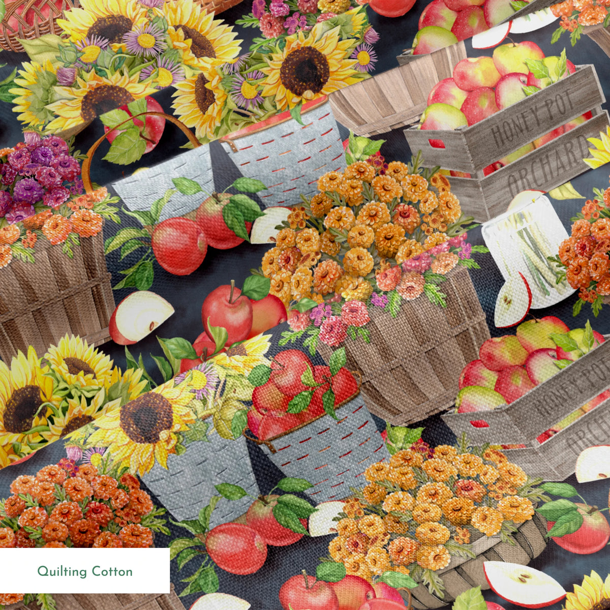 Baskets filled with sunflowers, mums, and apples in a colorful autumn harvest design by Nicole Tamarin. springs quiltingcotton texture