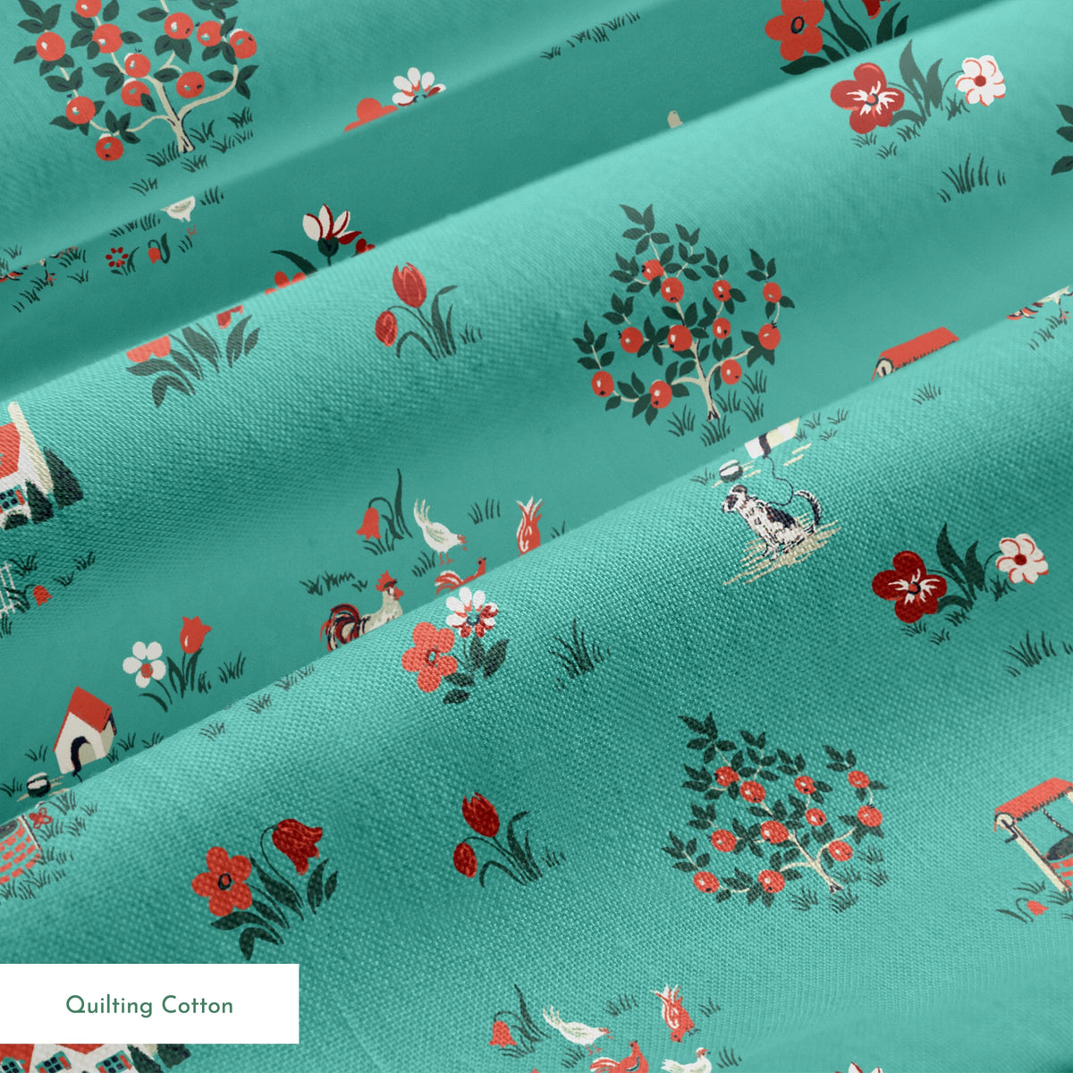 Teal background fabric with vintage cottages, flowers, chickens, and wells in a scattered countryside layout. springs quiltingcotton texture
