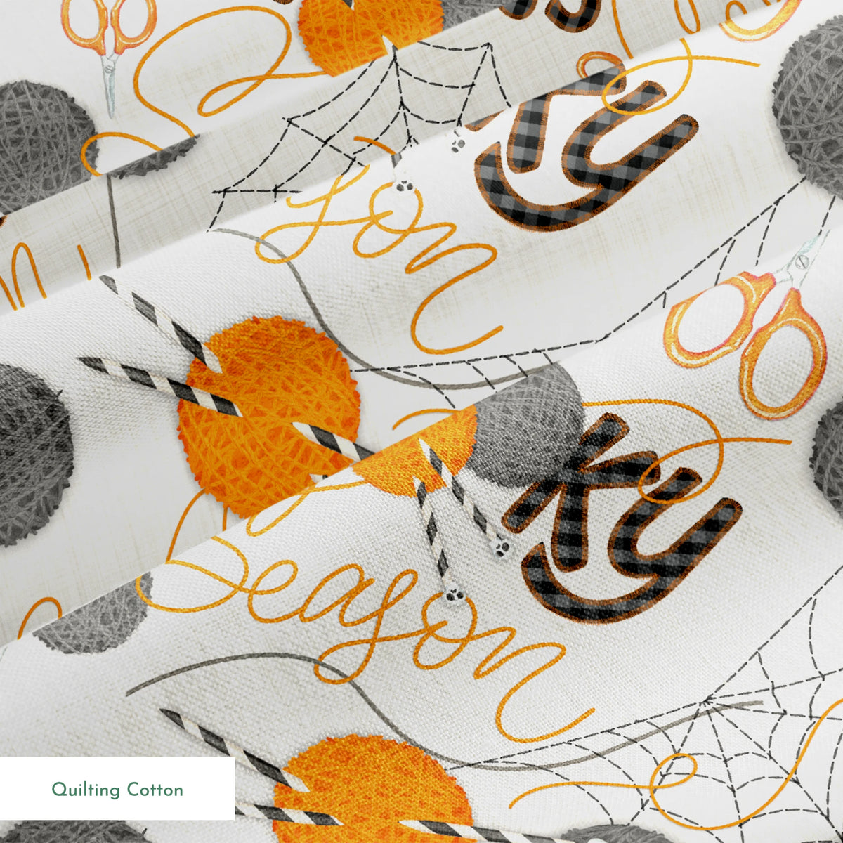 Halloween design by Nicole Tamarin featuring orange and gray yarn balls, scissors, spiderwebs, and “Spooky Season” lettering on a cream background. springs quiltingcotton texture