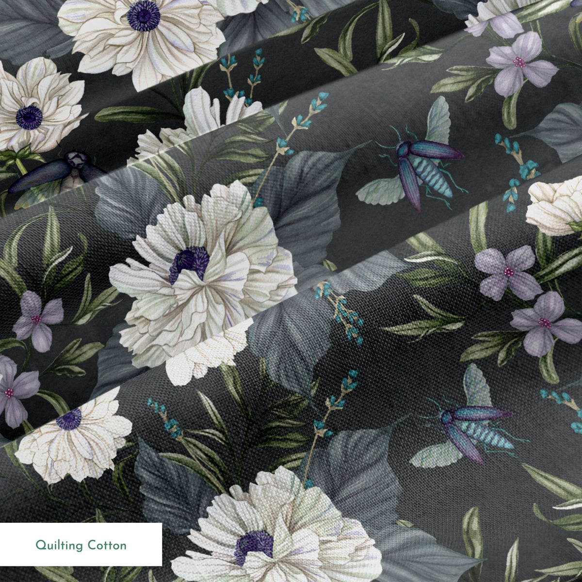 Ivory flowers with purple centers, beetles, and greenery illustrated on a dark charcoal background in a floral pattern by Nicole Tamarin. springs quiltingcotton texture