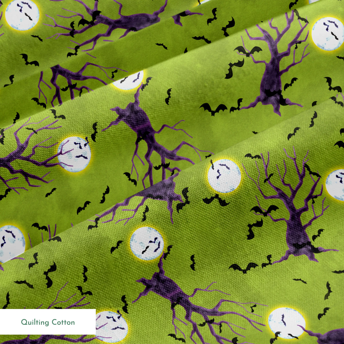 Halloween fabric design with purple haunted trees, bats, and glowing moons on a green background, illustrated by Nicole Tamarin. springs quiltingcotton texture