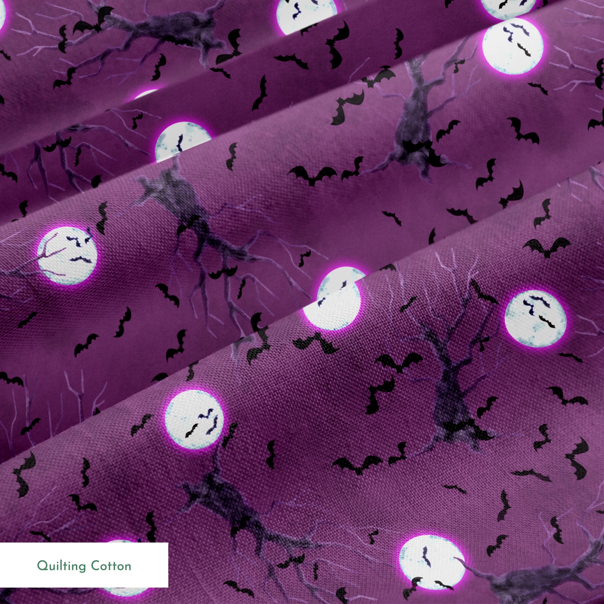 Halloween fabric design with spooky trees, bats, and glowing full moons on a purple background, illustrated by Nicole Tamarin. springs quiltingcotton texture
