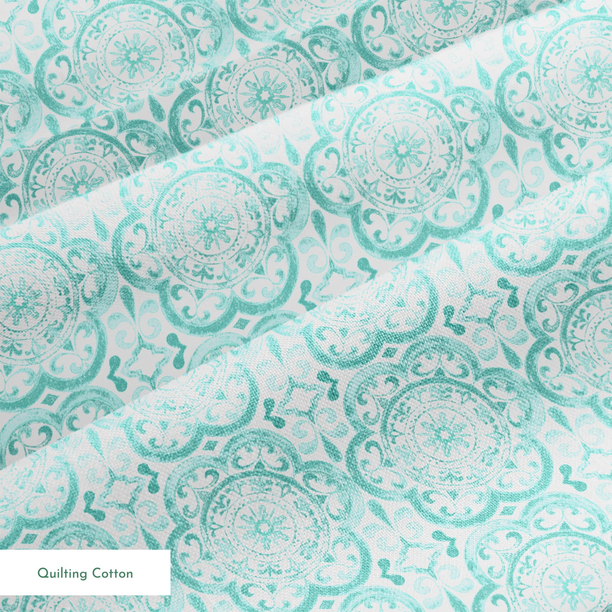 Teal medallion tile-inspired design with intricate floral and scroll details by Nicole Tamarin, from the Squeeze the Day collection. springs quiltingcotton texture