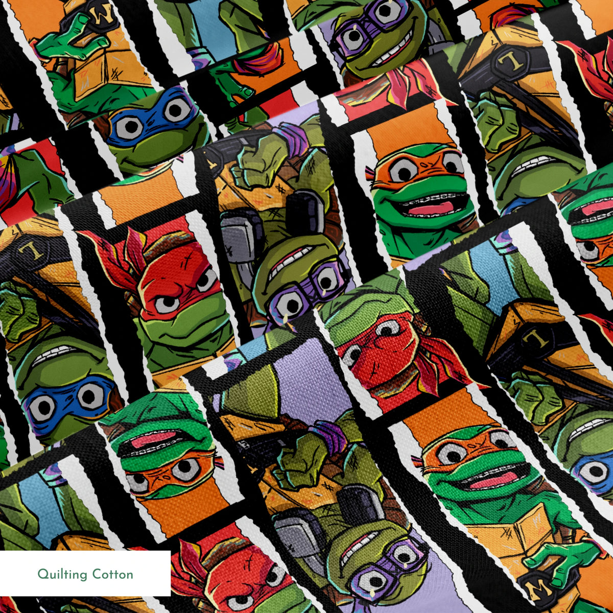 Teenage Mutant Ninja Turtles torn panel design with Leonardo, Donatello, Michelangelo, and Raphael in colorful comic-style art by Nickelodeon. springs quiltingcotton texture