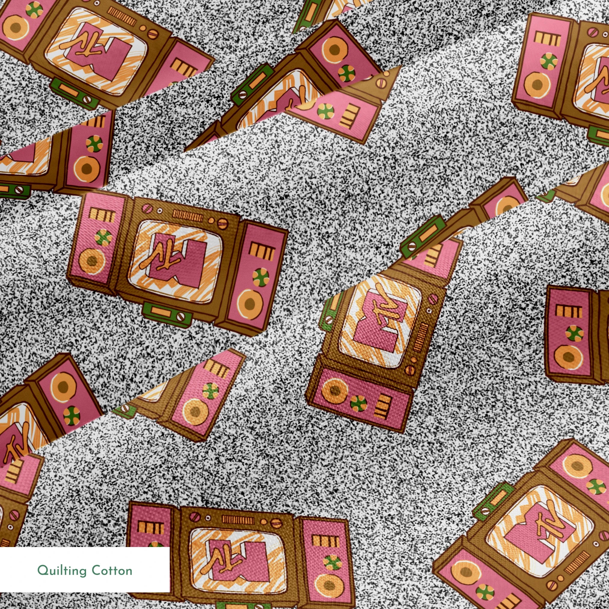 Pink and brown retro televisions with the MTV logo over a grainy gray static background in a scattered repeat. springs quiltingcotton texture