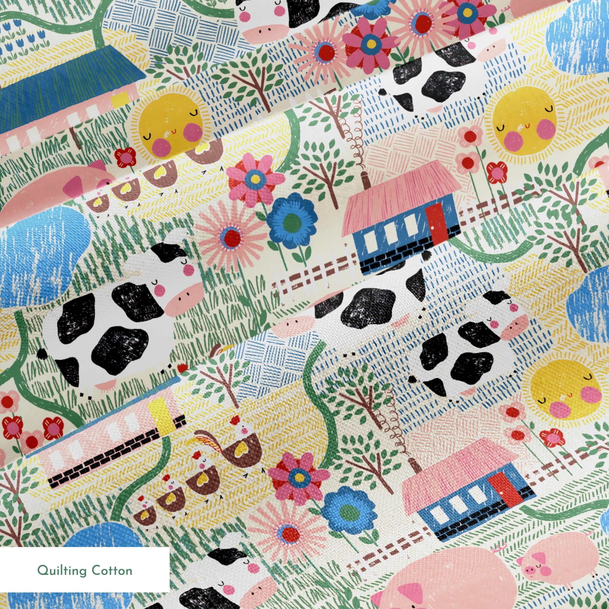 Colorful farm illustration with pink pigs, spotted cows, flowers, and small houses on textured ba... springs quiltingcotton texture