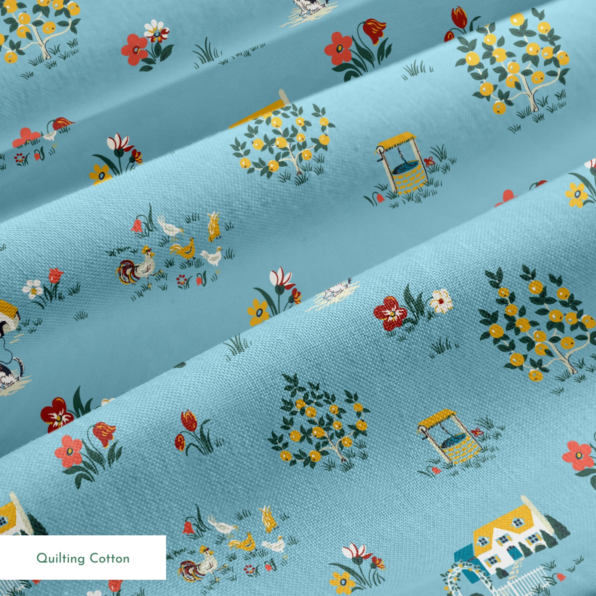 Blue-gray background with repeating folk art pattern of small cottages, white geese, floral clusters, and colorful tulips in yellow and red. springs quiltingcotton texture