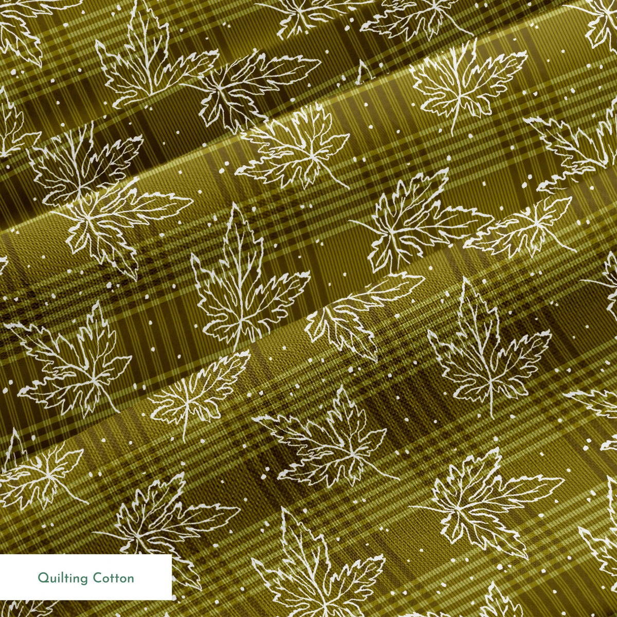 Olive green plaid pattern with scattered white outline maple leaves and small dots springs quiltingcotton texture