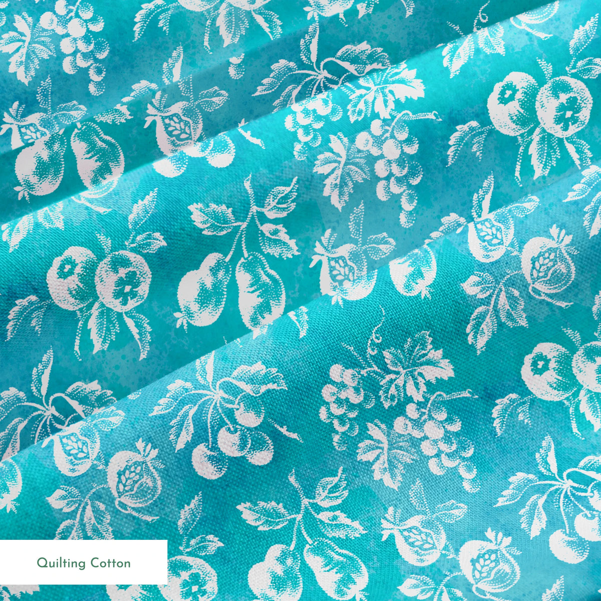 Teal background with white vintage fruit pattern featuring cherries, grapes, and pears springs quiltingcotton texture