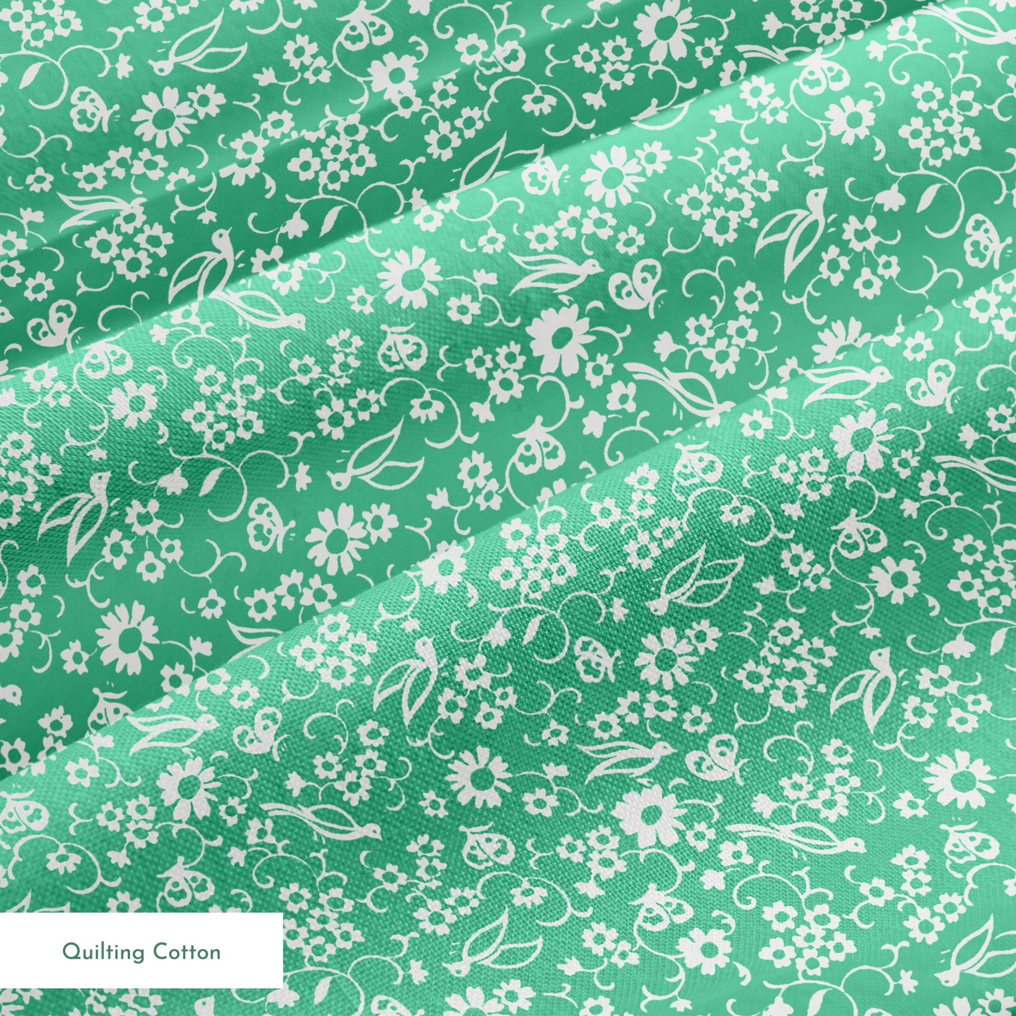 White floral pattern with delicate blooms and leaves on a mint green background springs quiltingcotton texture