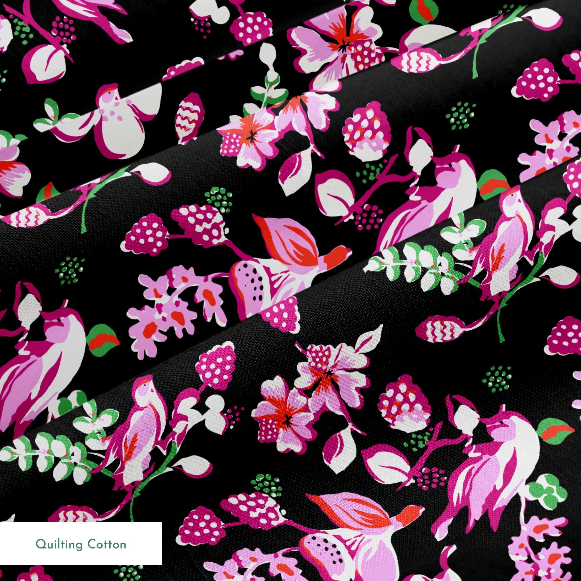 Vibrant pink birds and flowers pattern on black background with strawberry accents springs quiltingcotton texture
