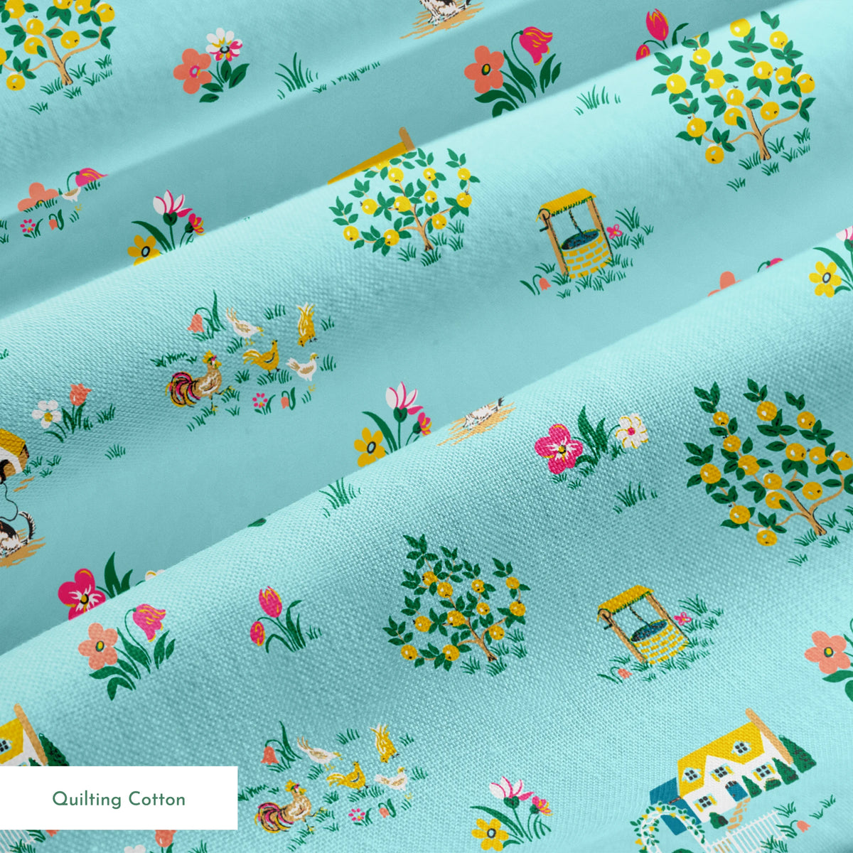 Whimsical light blue pattern with tiny cottages, tulips, and flower gardens in pastel colors springs quiltingcotton texture