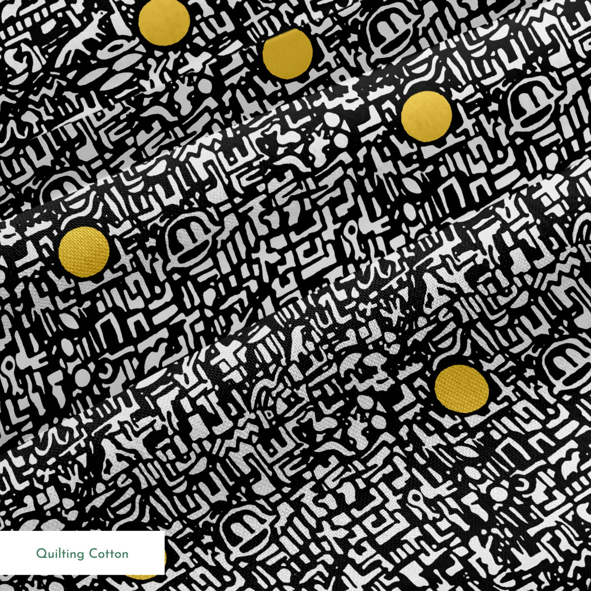 Abstract black and white maze pattern with scattered golden yellow dots arranged in a grid springs quiltingcotton texture