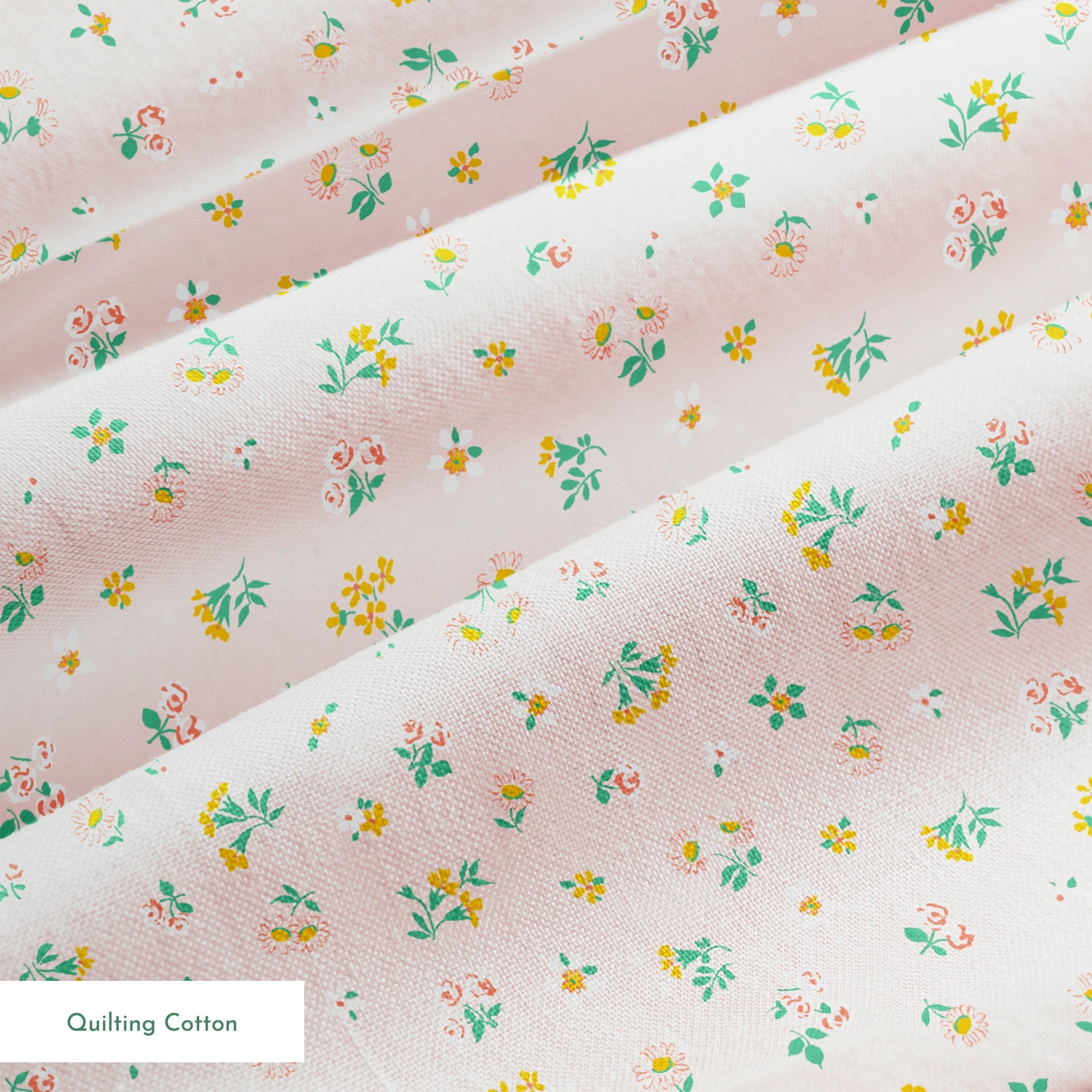 Small floral pattern on pink background with white daisies and yellow, blue, and pink flowers springs quiltingcotton texture