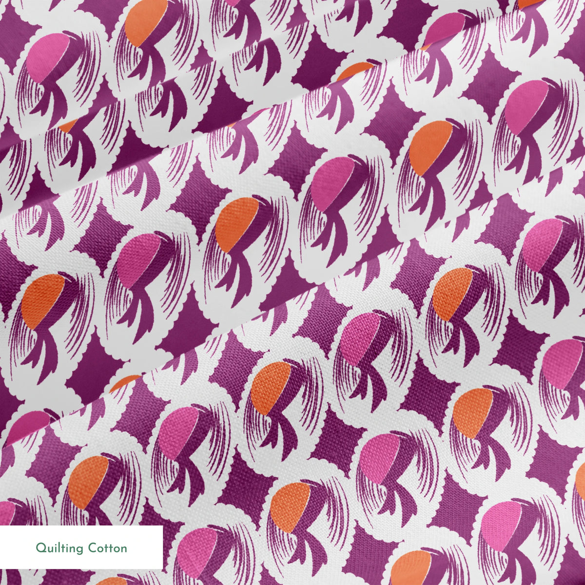 Abstract pattern with purple and orange oval shapes with flowing brush strokes on white background springs quiltingcotton texture