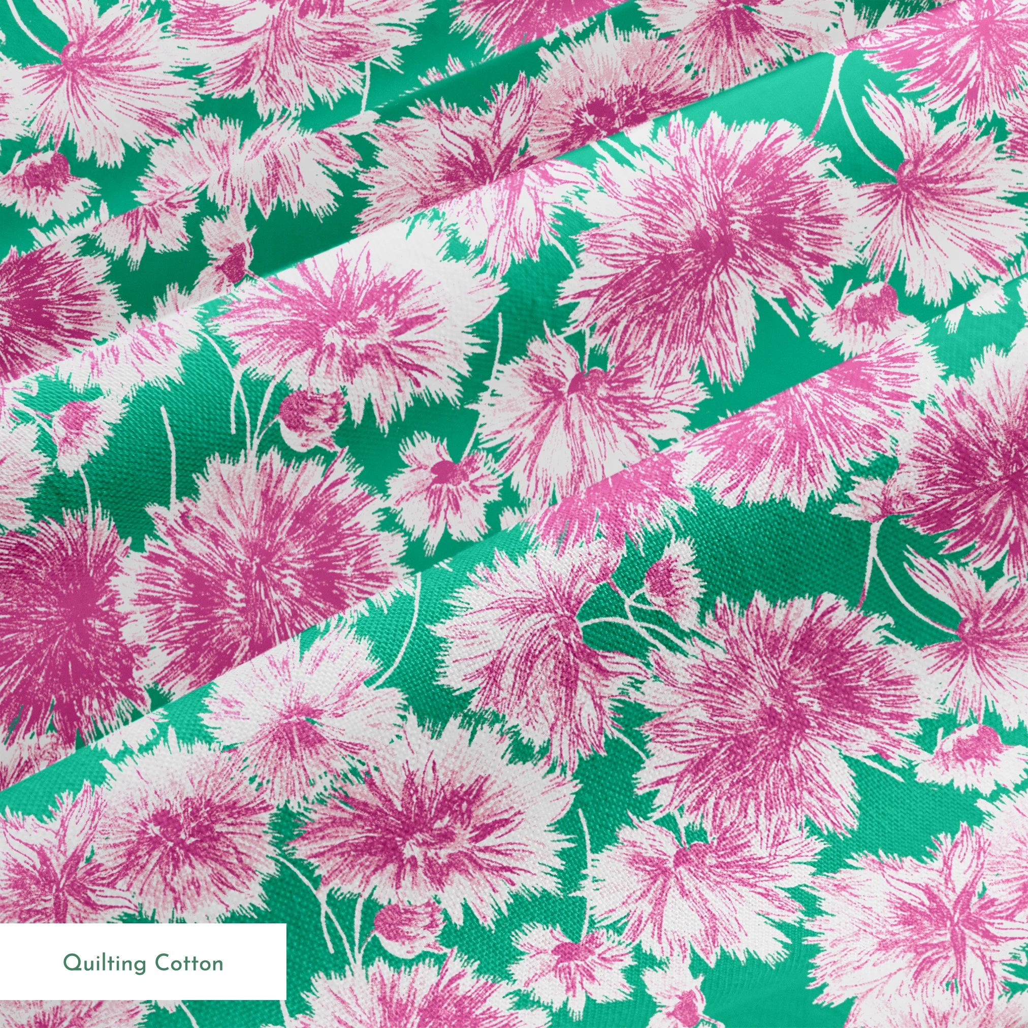 Pink and purple carnation flowers scattered on a green background in a repeating floral pattern springs quiltingcotton texture