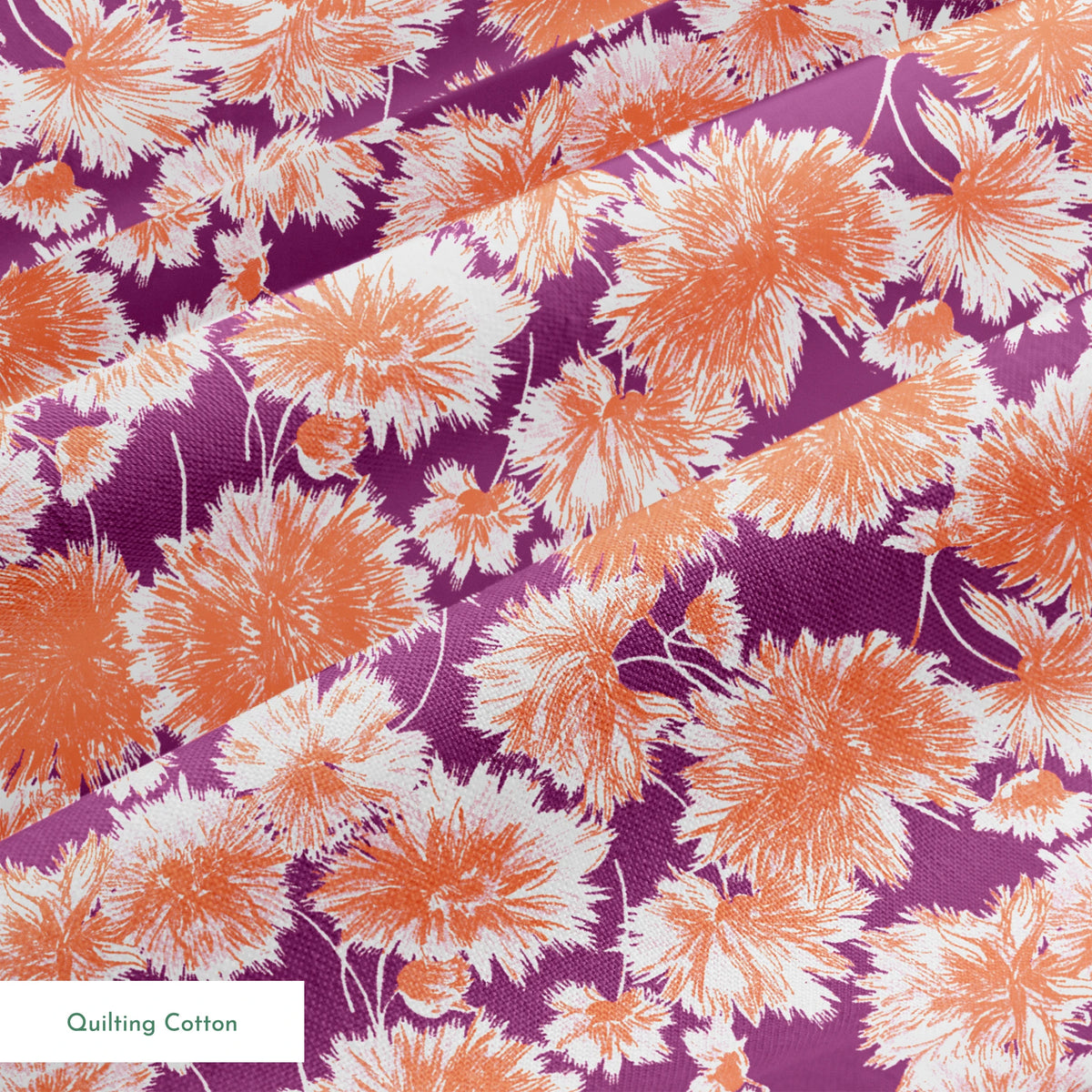 Vibrant floral pattern with orange and white chrysanthemum-like blooms on deep purple background springs quiltingcotton texture