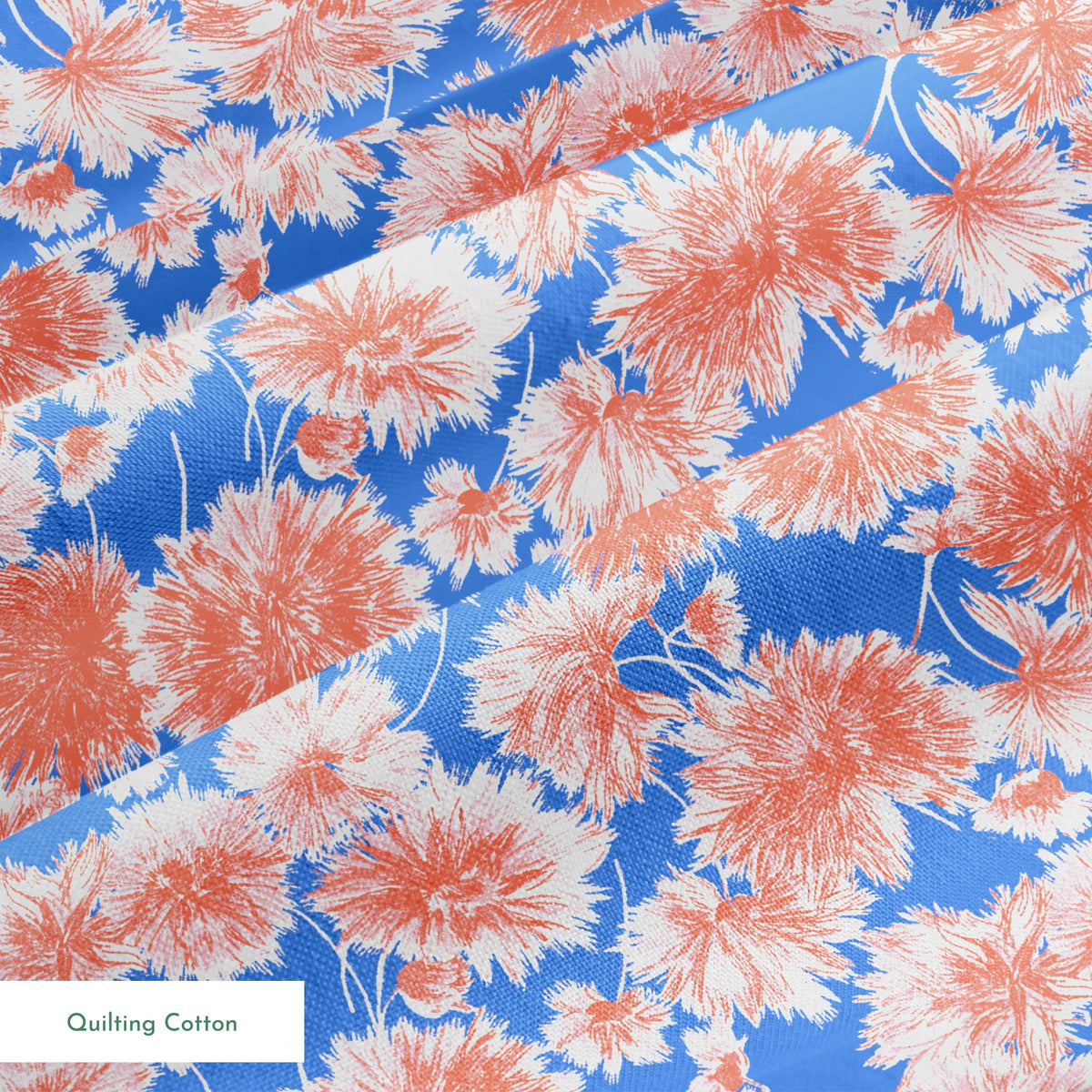 Coral pink floral pattern of chrysanthemums or dahlias on bright blue background springs quiltingcotton texture