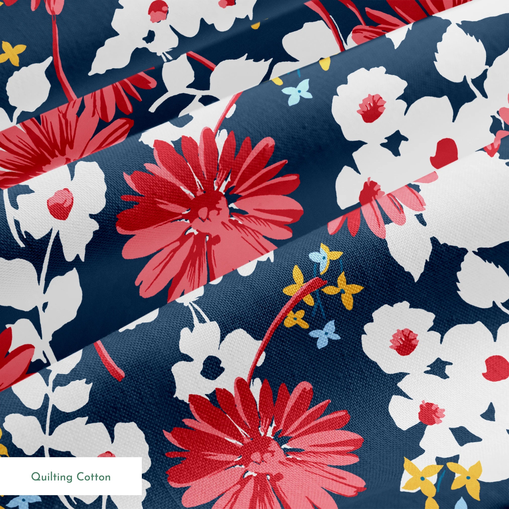 Vibrant floral pattern with red daisies and white flowers on navy background with small gold stars springs quiltingcotton texture