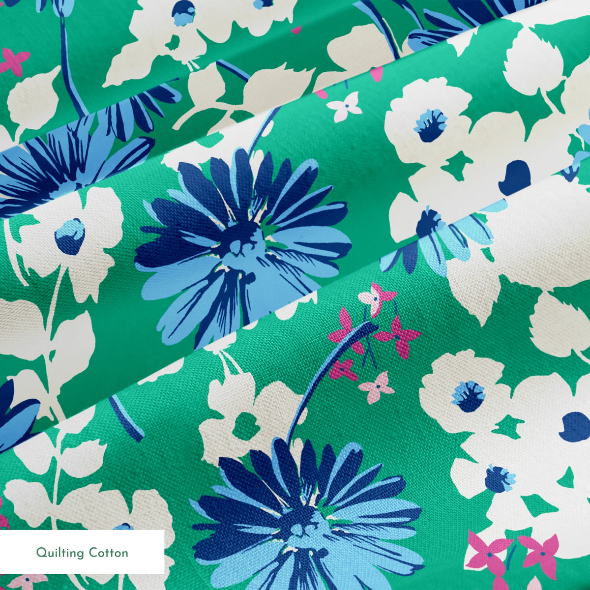 Vibrant floral pattern with blue spiky flowers and white blooms on a green background springs quiltingcotton texture