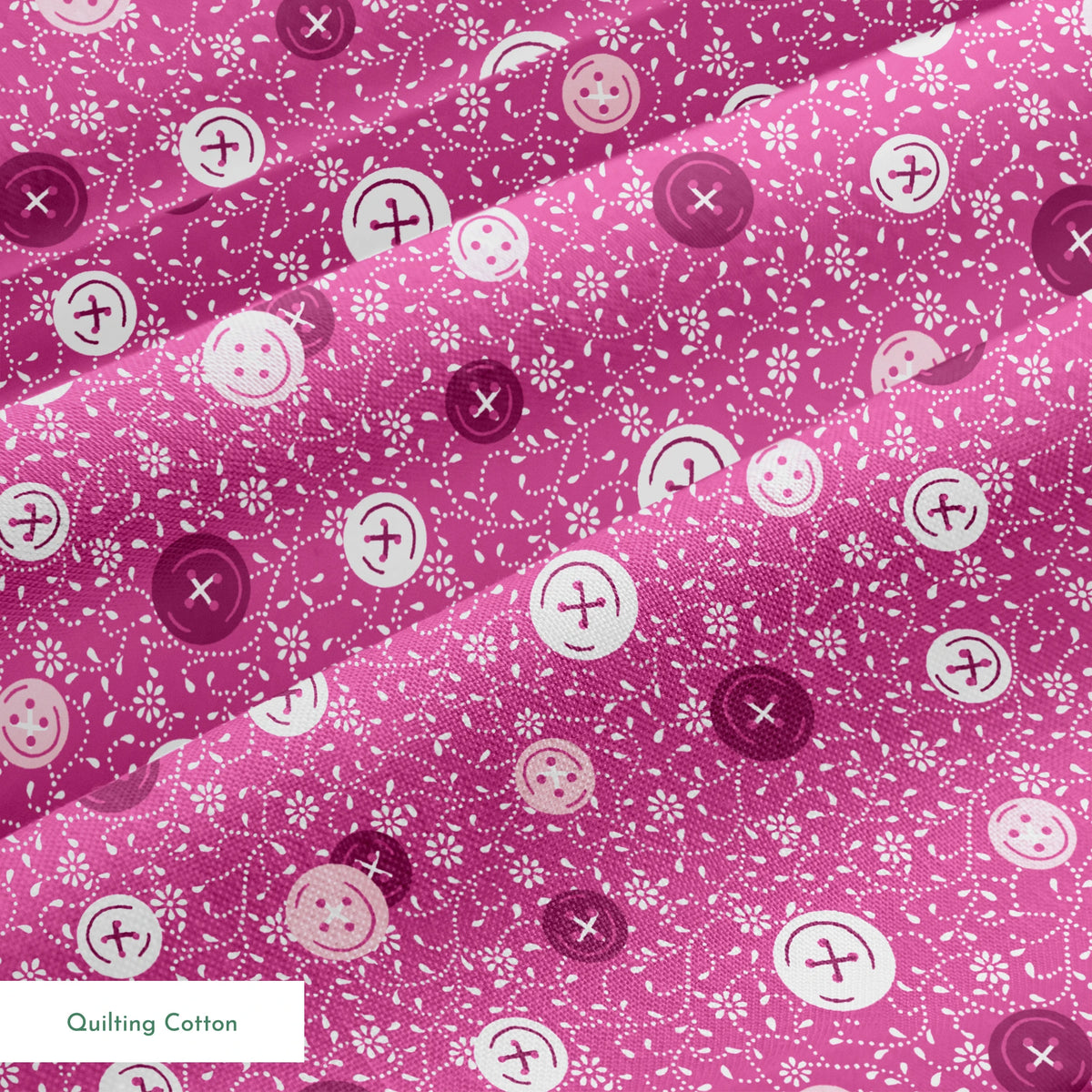 Magenta background with white floral pattern and buttons scattered throughout springs quiltingcotton texture