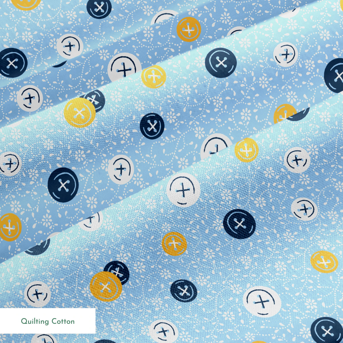 Blue background with scattered circular buttons in white, navy, and gold, each featuring cross designs, on a floral pattern. springs quiltingcotton texture